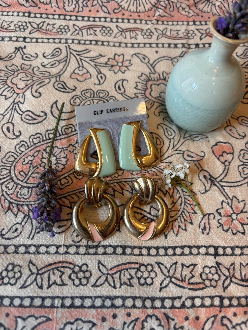 Gold and Mint Clip Earrings — Women Jewelry - Retro, Twiggy vibe, turtleneck
